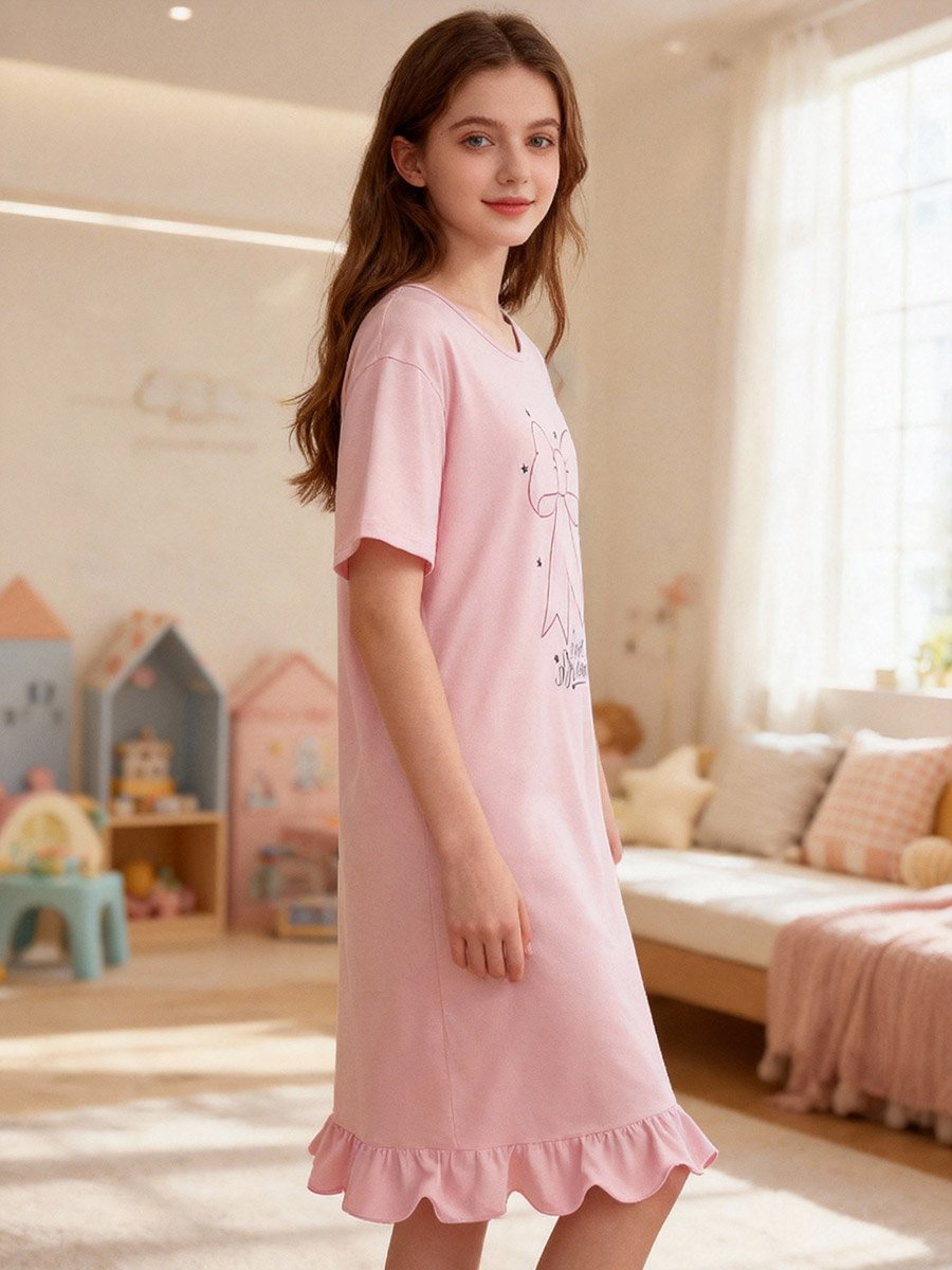 Girls Bow Print Short Sleeve Nightdress