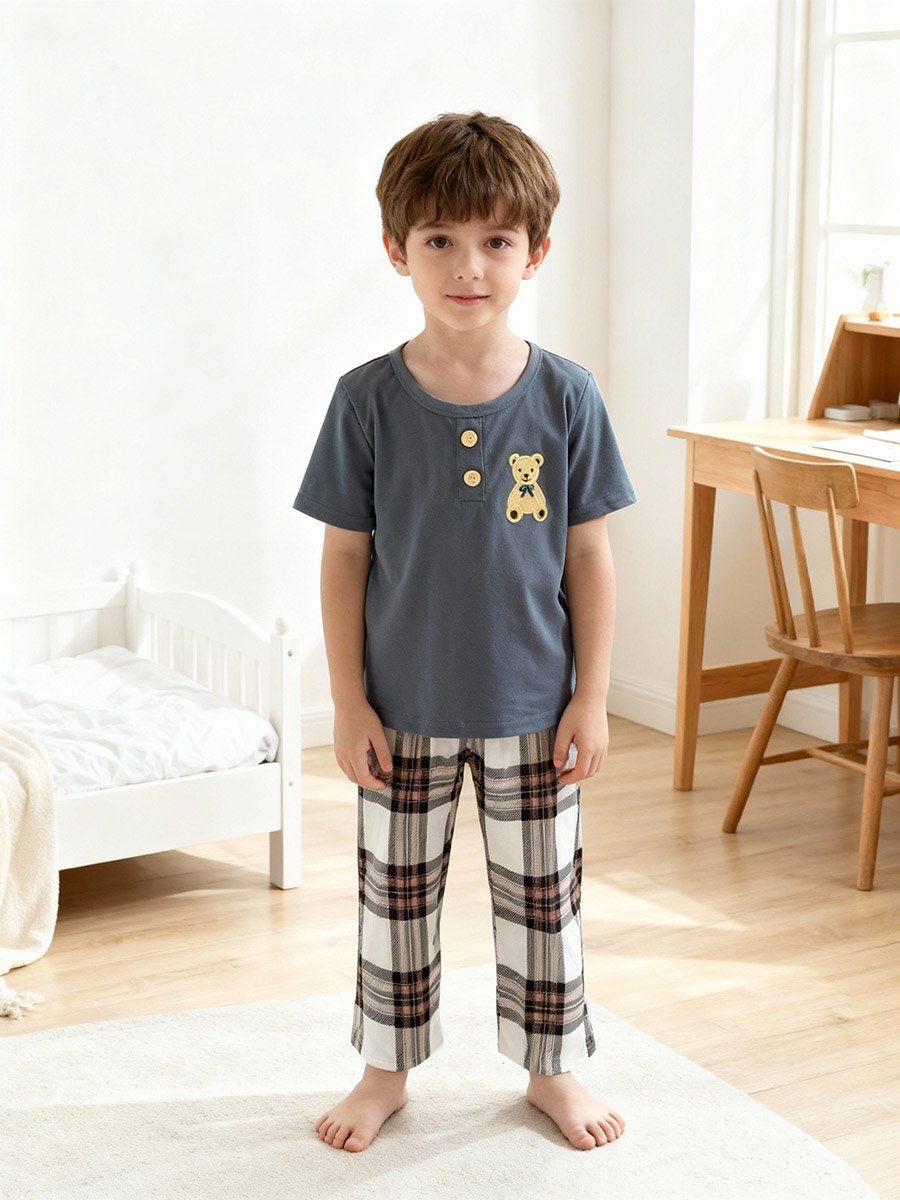 Boys Grey Bear Print T-Shirt and Pyjama Set