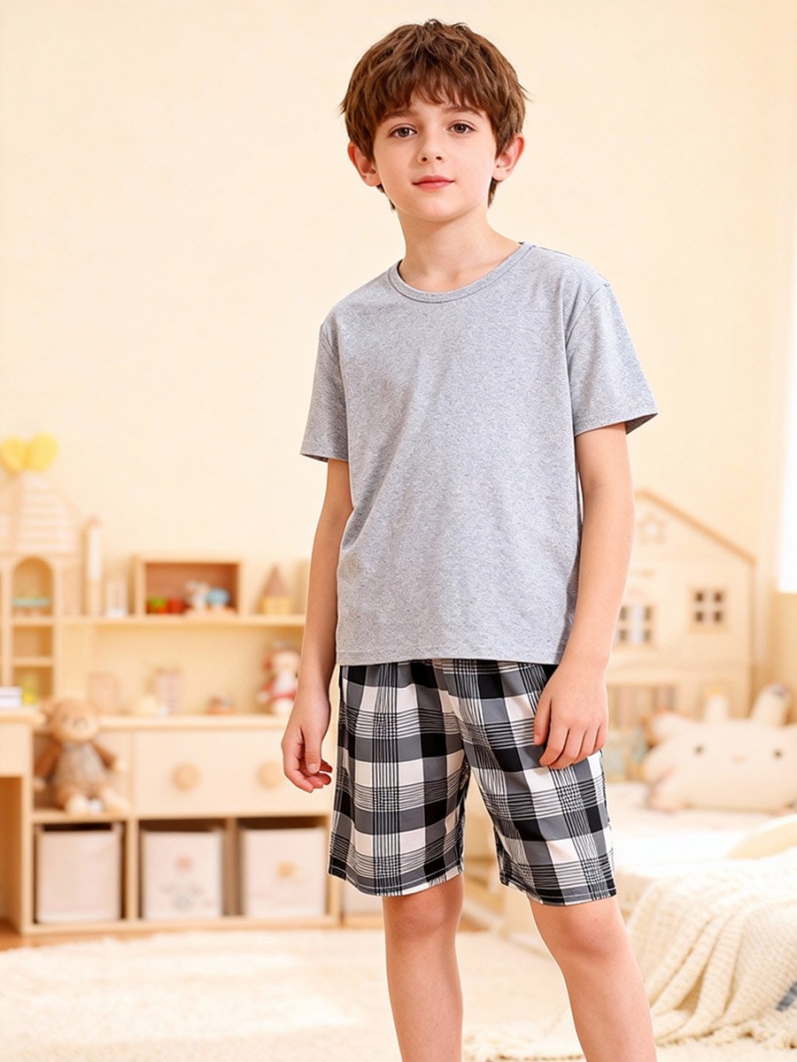 Boys Grey T-Shirt and Checkered Shorts Pyjama Set