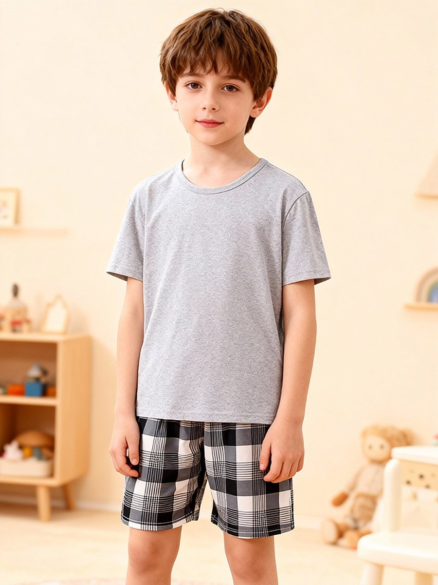 Boys Grey T-Shirt and Checkered Shorts Pyjama Set