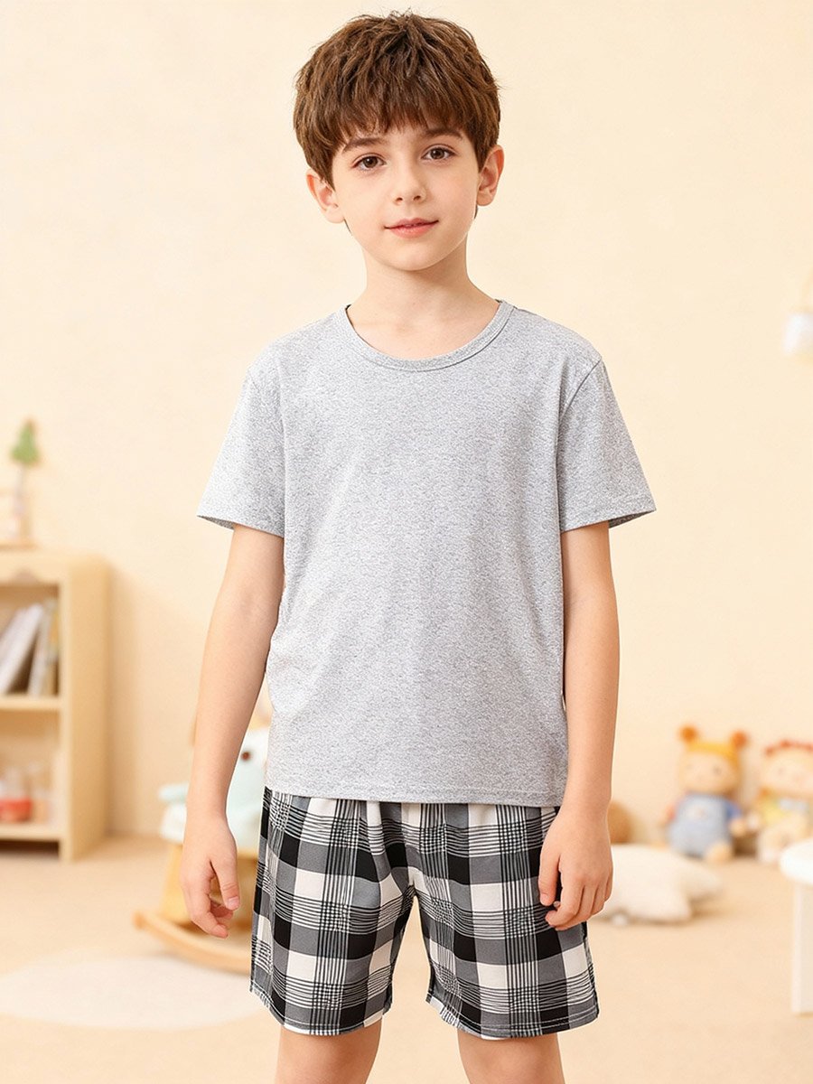 Boys Grey T-Shirt and Checkered Shorts Pyjama Set