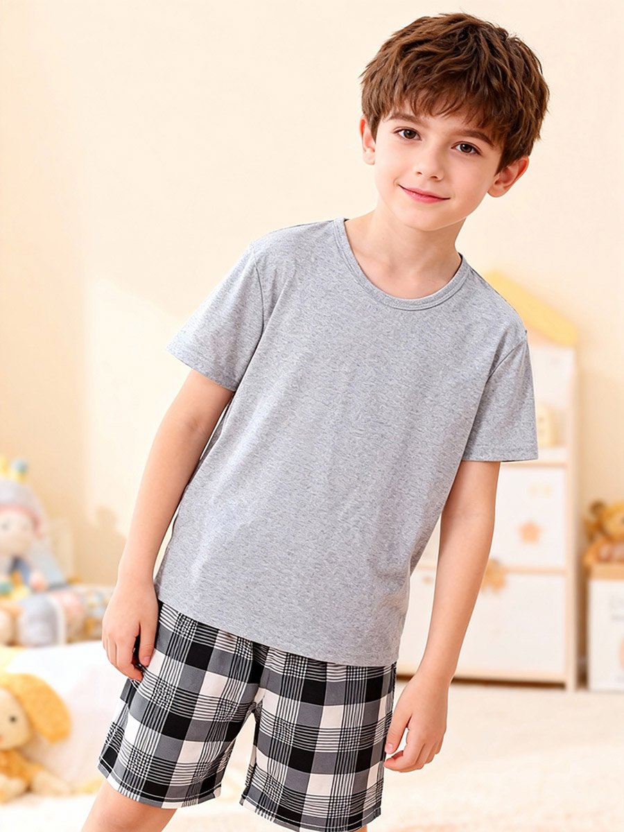 Boys Grey T-Shirt and Checkered Shorts Pyjama Set