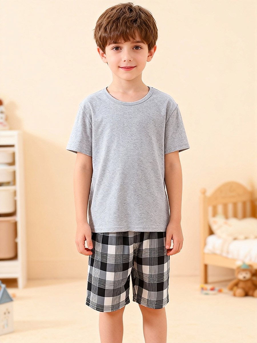 Boys Grey T-Shirt and Checkered Shorts Pyjama Set