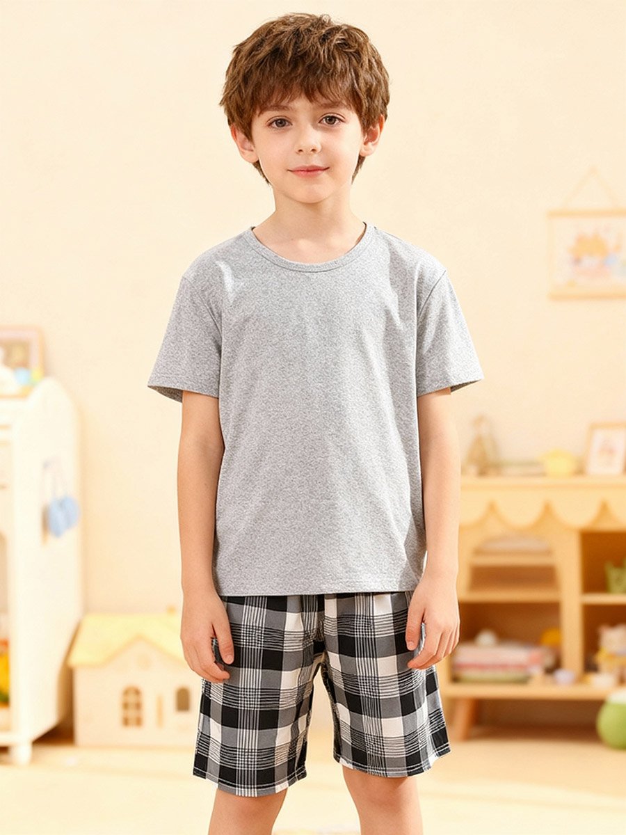 Boys Grey T-Shirt and Checkered Shorts Pyjama Set