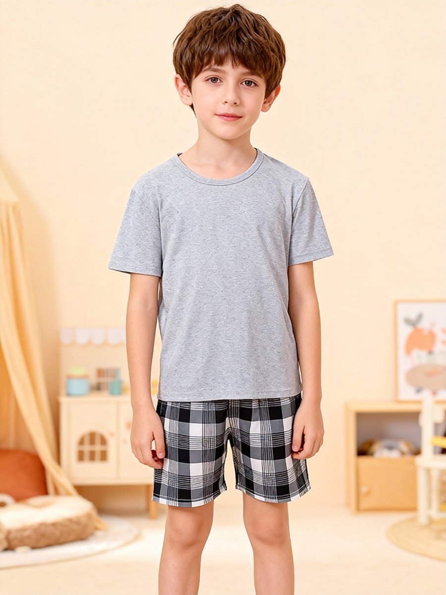 Boys Grey T-Shirt and Checkered Shorts Pyjama Set