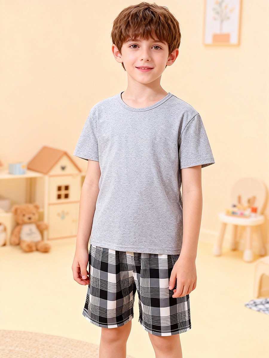 Boys Grey T-Shirt and Checkered Shorts Pyjama Set