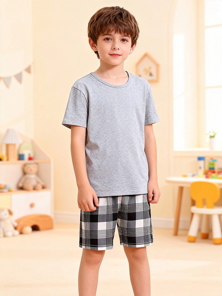 Boys Grey T-Shirt and Checkered Shorts Pyjama Set