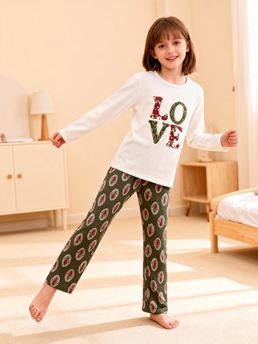 Girls Text Print Round Neck Top and Printed Pyjama Set