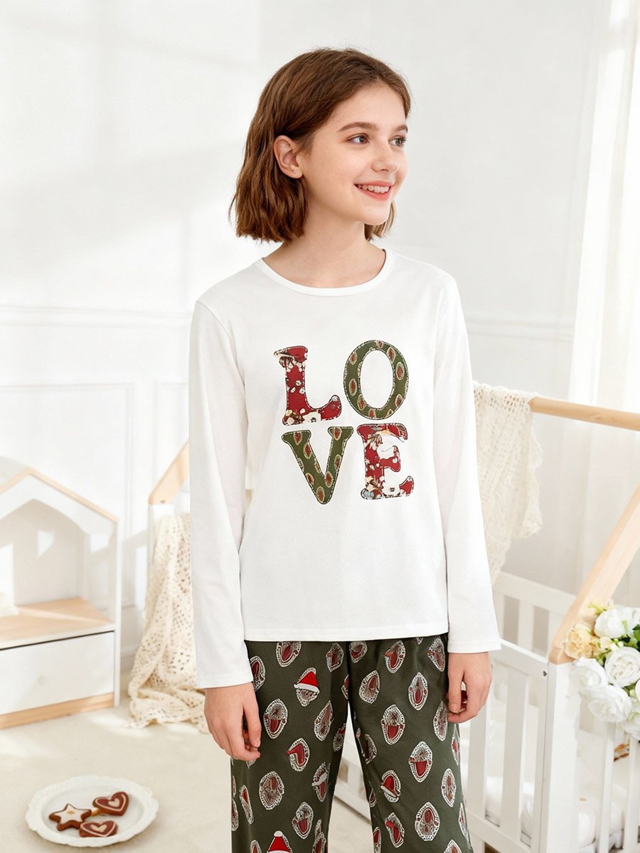 Girls Text Print Round Neck Top and Printed Pyjama Set