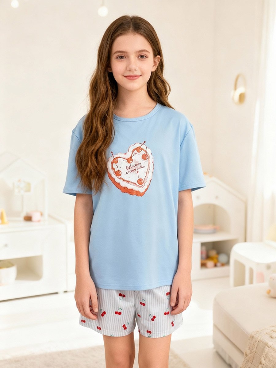Girls Graphic Print T-Shirt and Shorts Pyjama Set