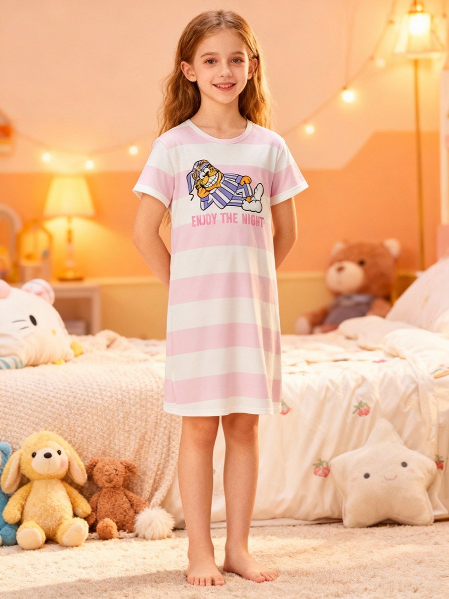 Girls Graphic Print Striped Nightdress