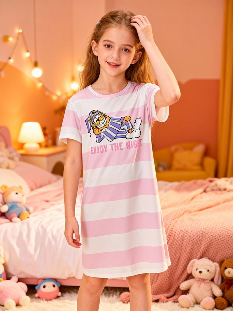 Girls Graphic Print Striped Nightdress