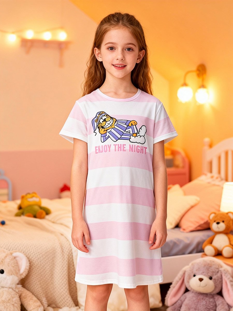 Girls Graphic Print Striped Nightdress