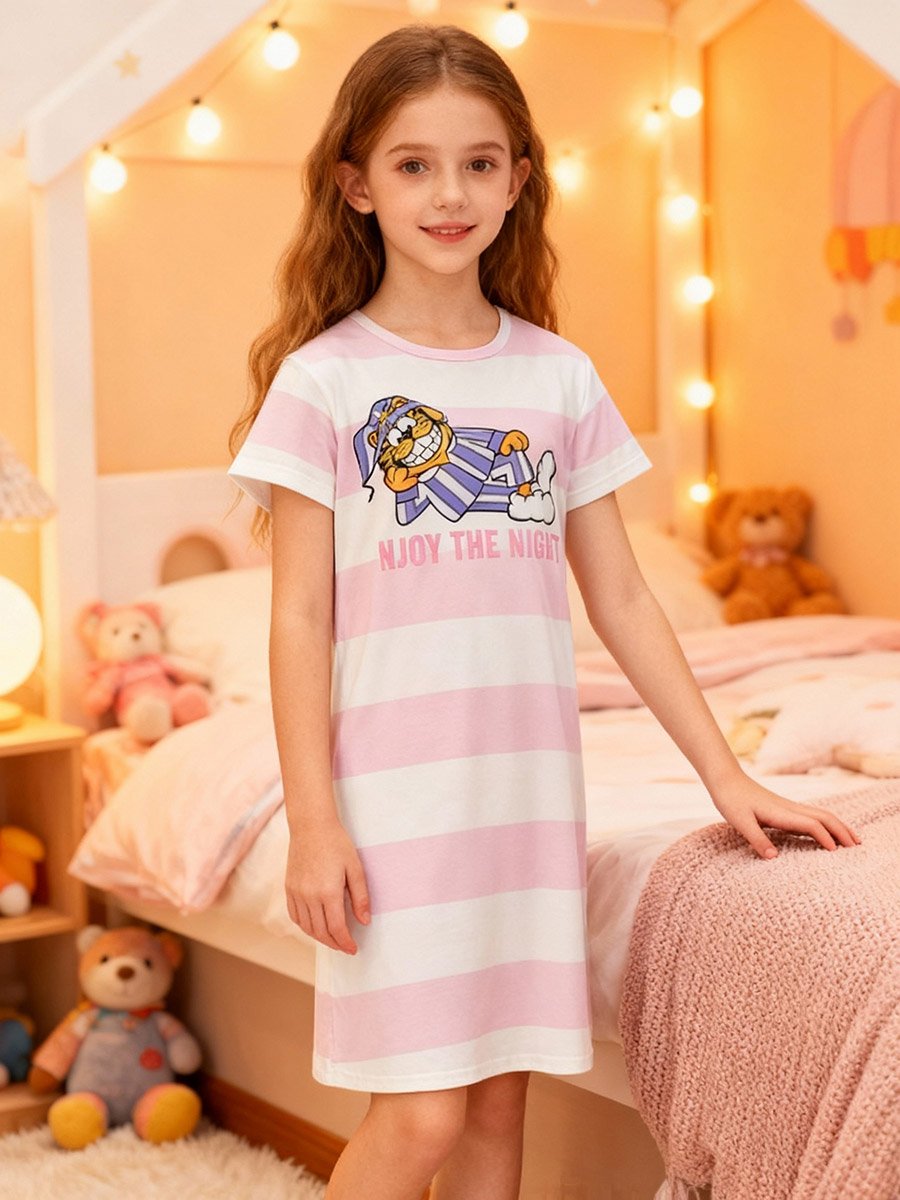 Girls Graphic Print Striped Nightdress