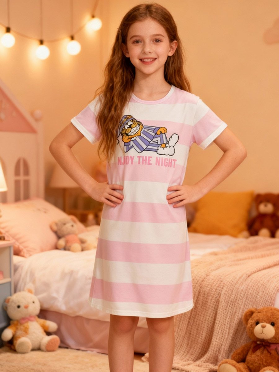 Girls Graphic Print Striped Nightdress