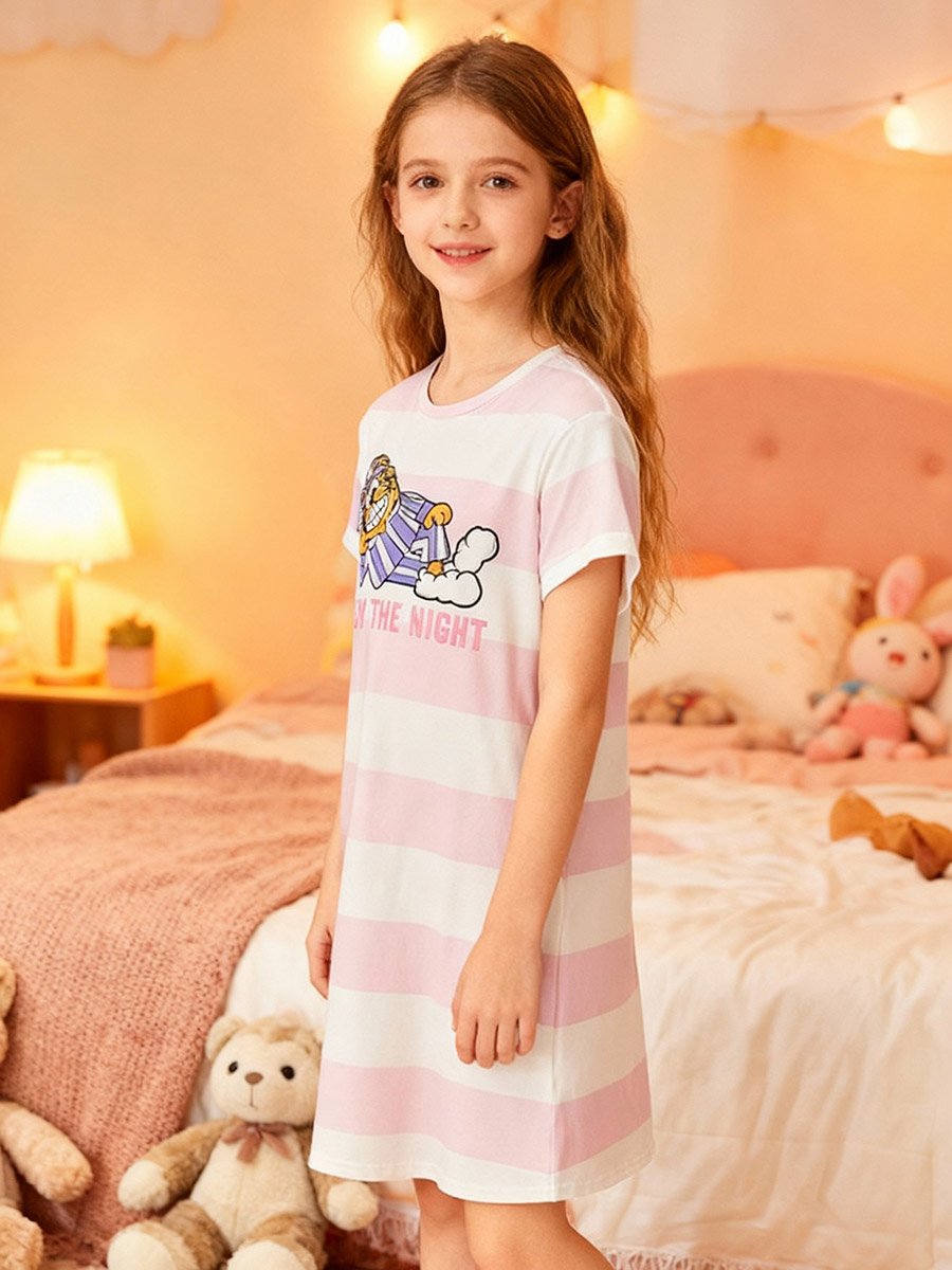 Girls Graphic Print Striped Nightdress