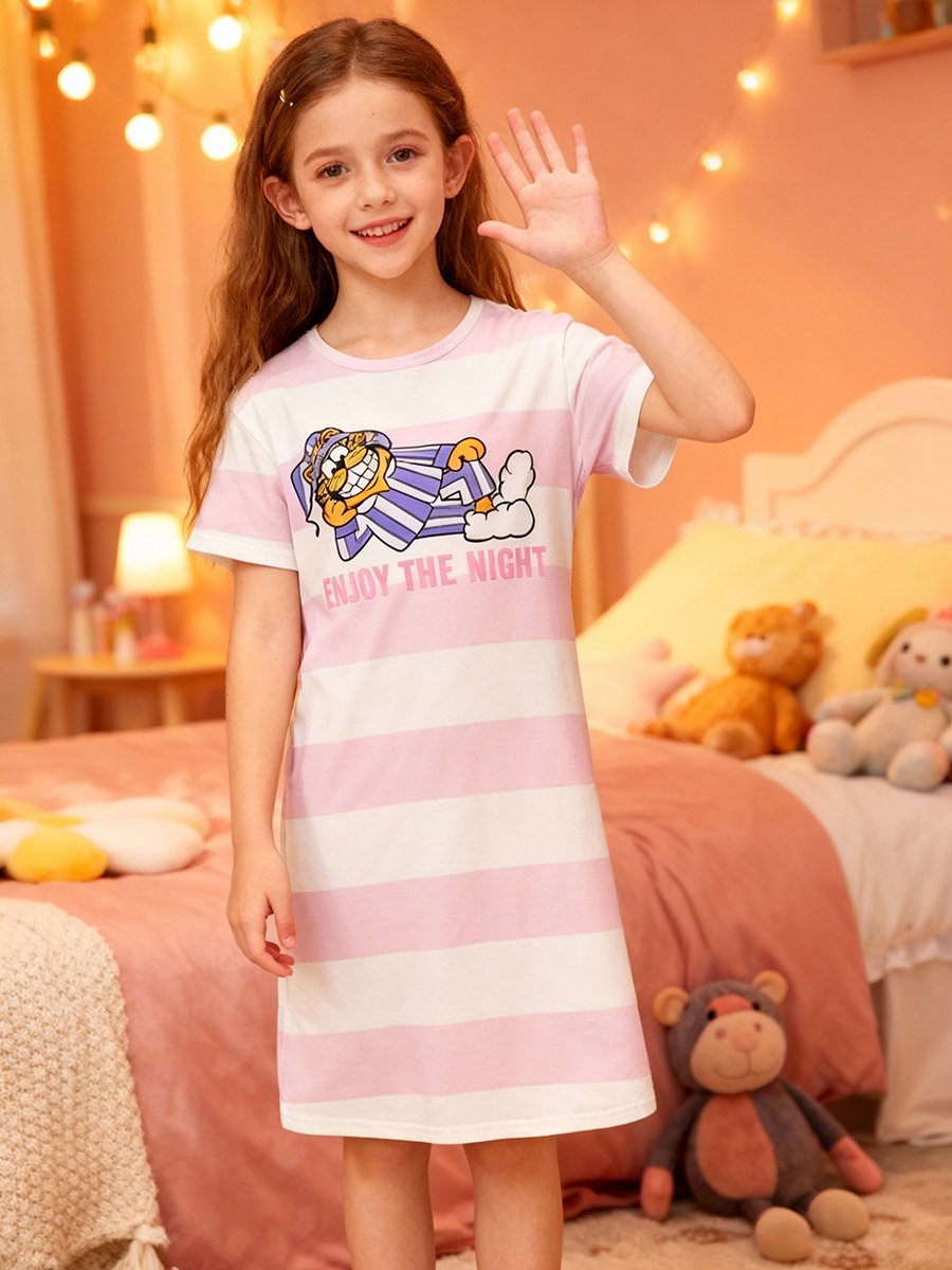 Girls Graphic Print Striped Nightdress