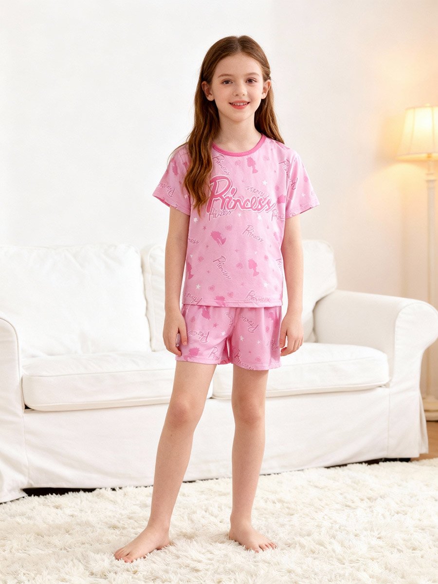 Girls Pink Princess Print T-Shirt and Shorts Pyjama Set