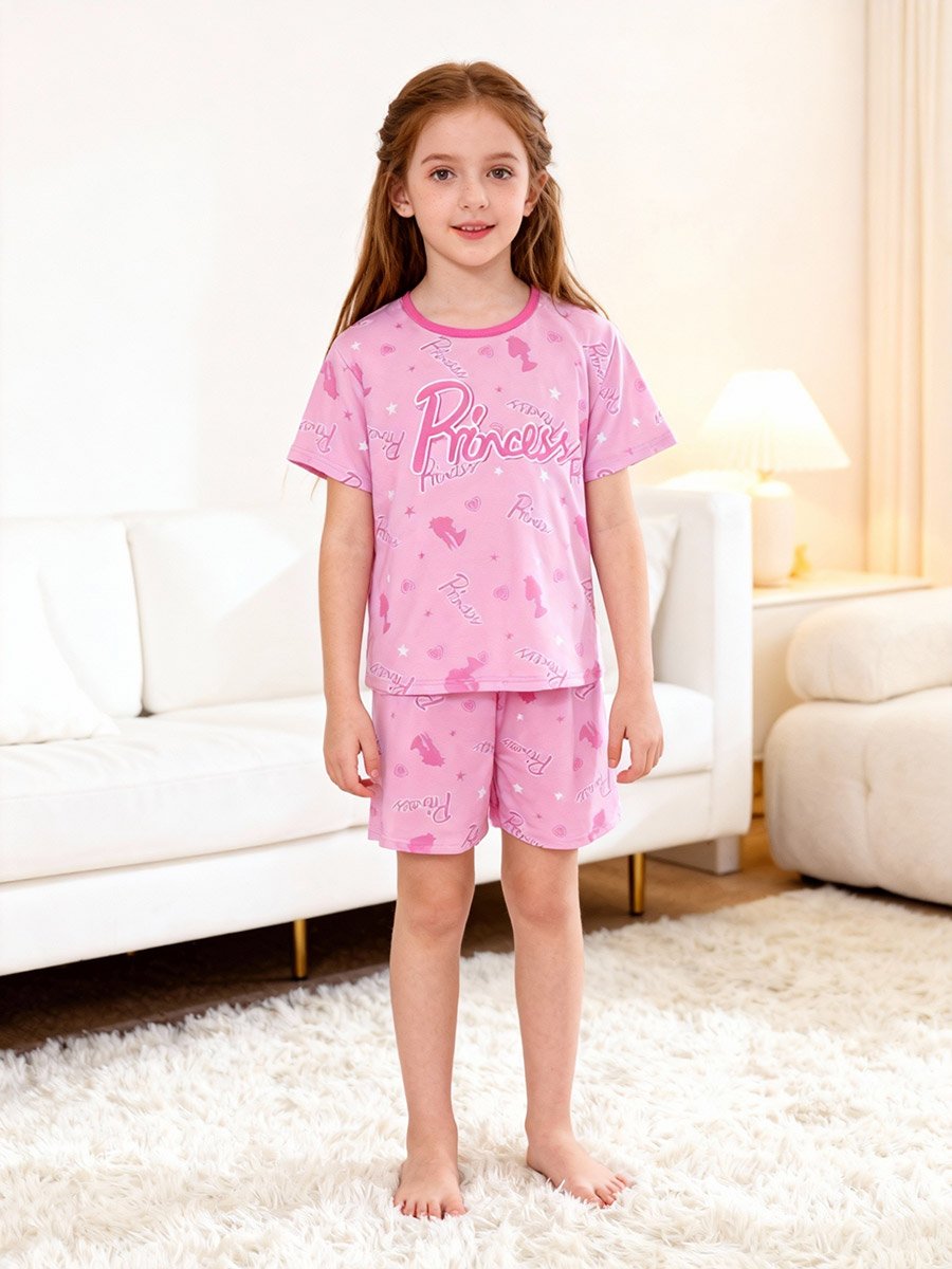 Girls Pink Princess Print T-Shirt and Shorts Pyjama Set