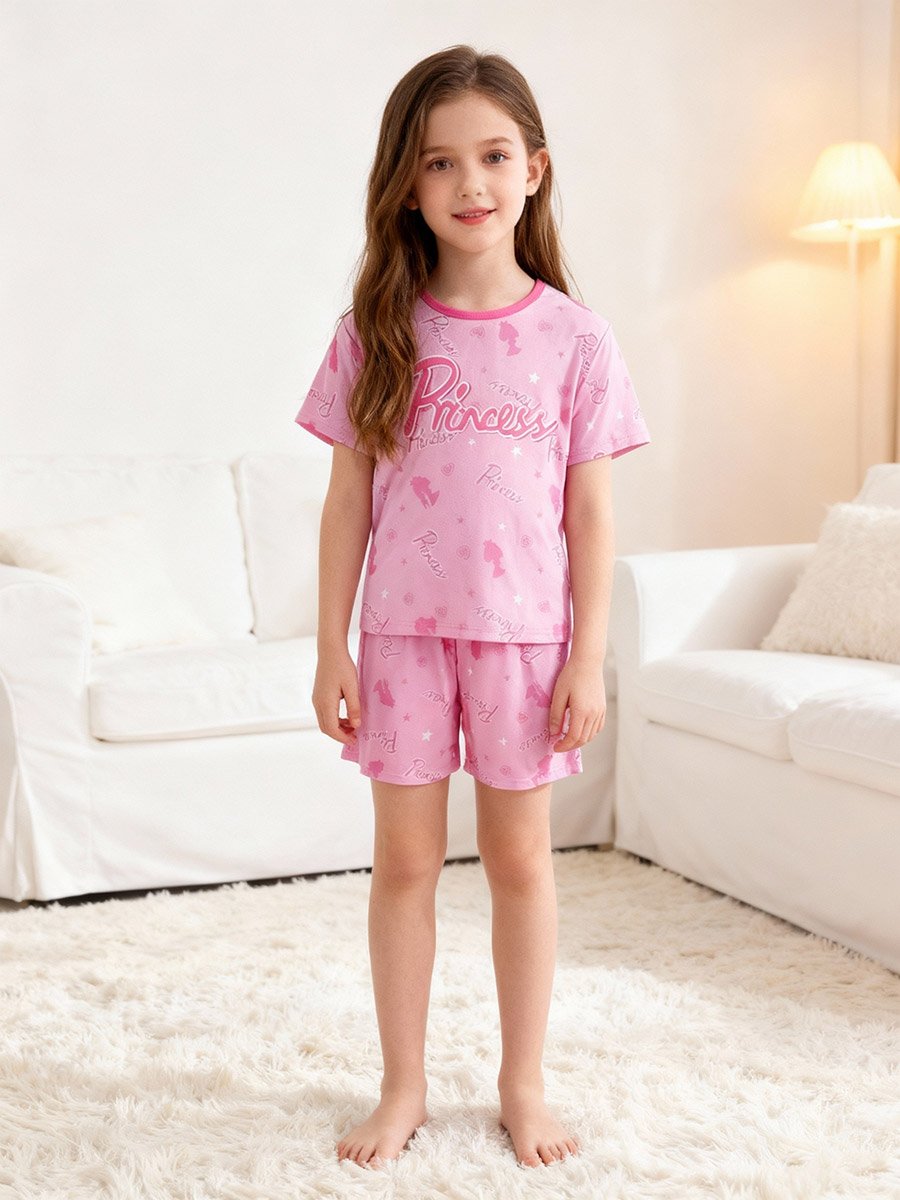 Girls Pink Princess Print T-Shirt and Shorts Pyjama Set