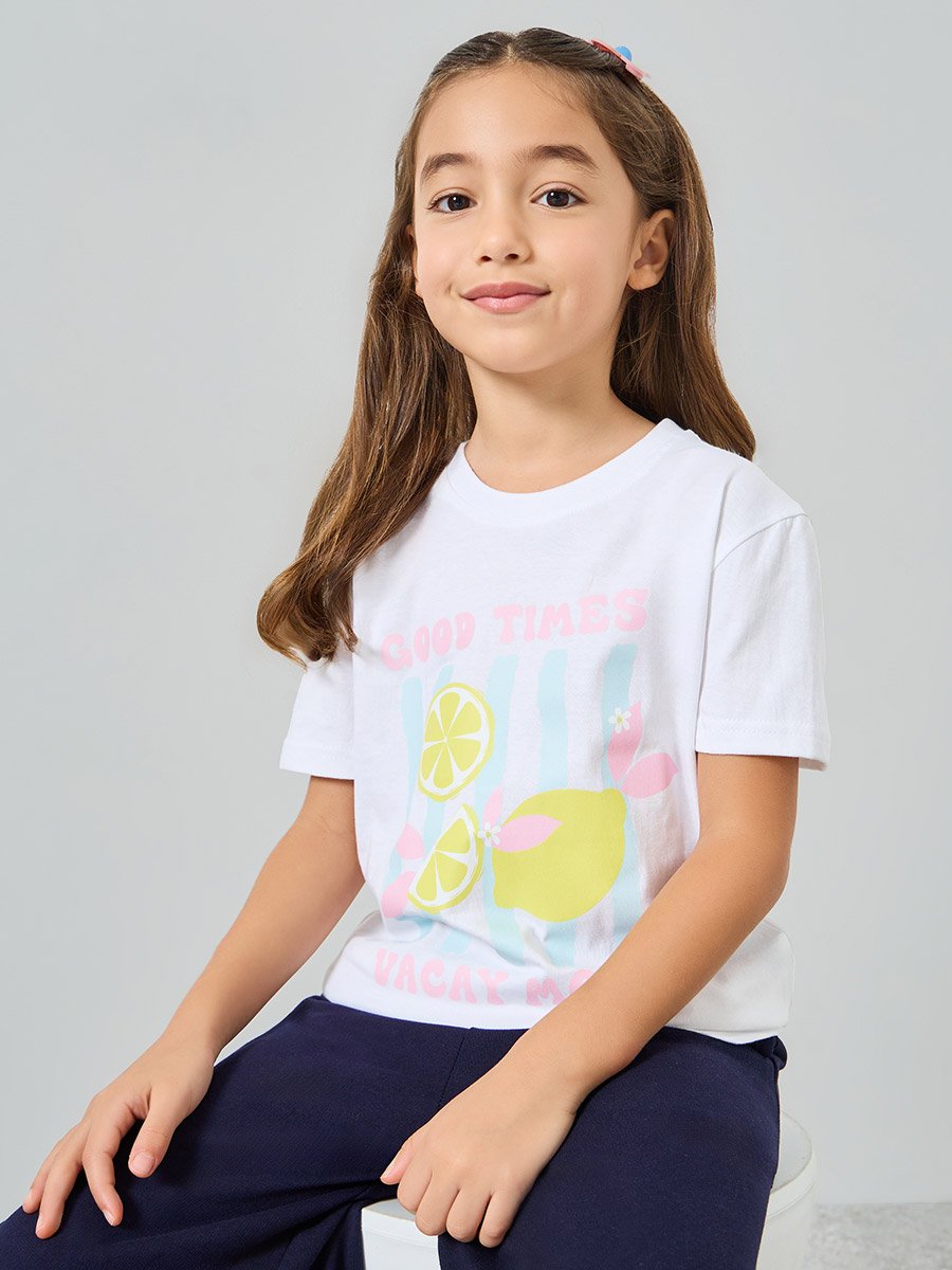 Girls Graphic Print Dropped Shoulder Cotton T-Shirt