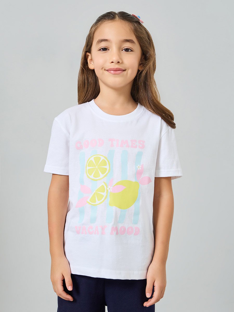 Girls Graphic Print Dropped Shoulder Cotton T-Shirt