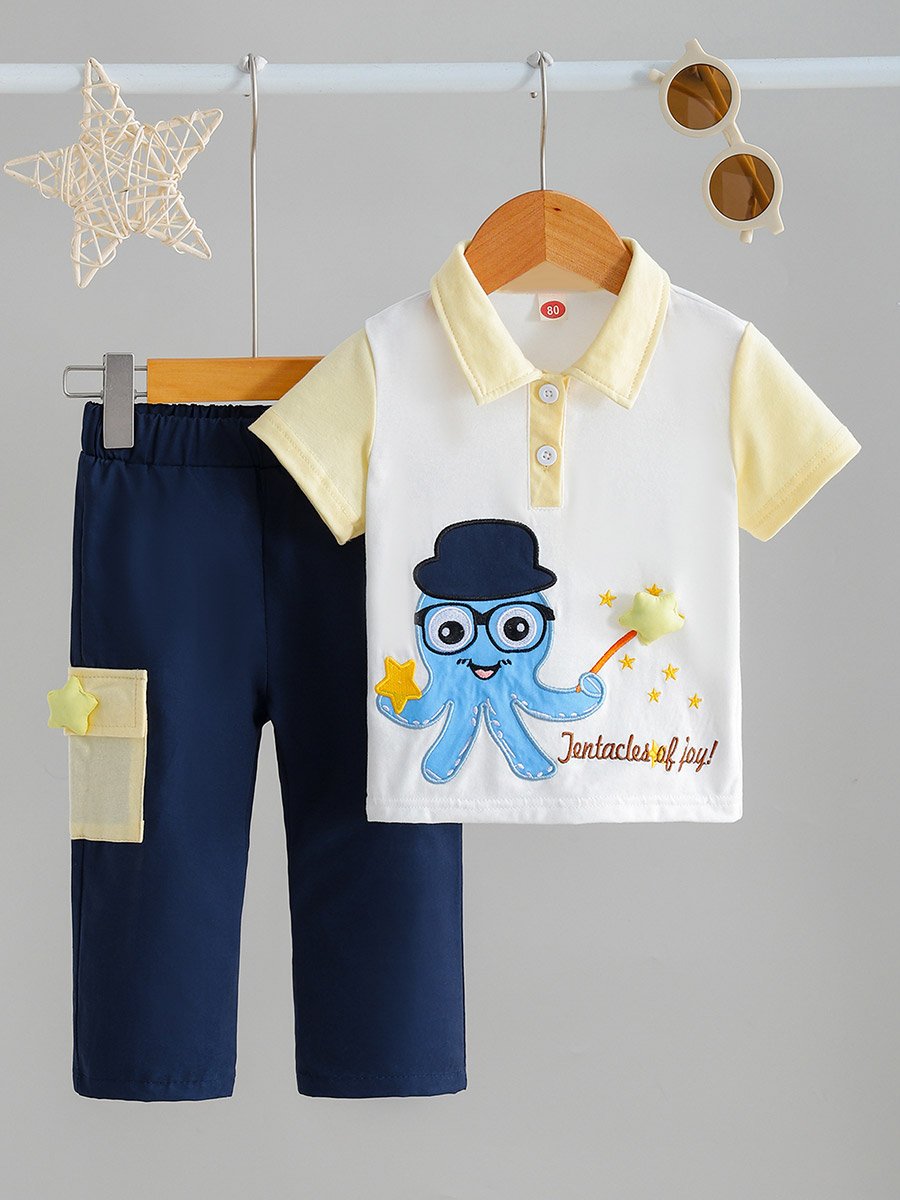 Boys Embroidered Octopus Polo T-Shirt and Pants Set