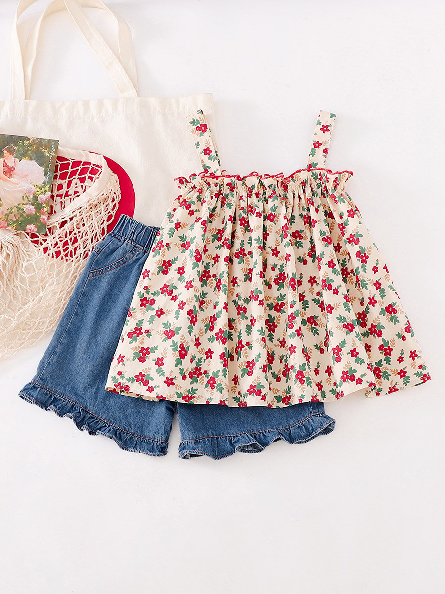 Girls Floral Top and Denim Shorts Set
