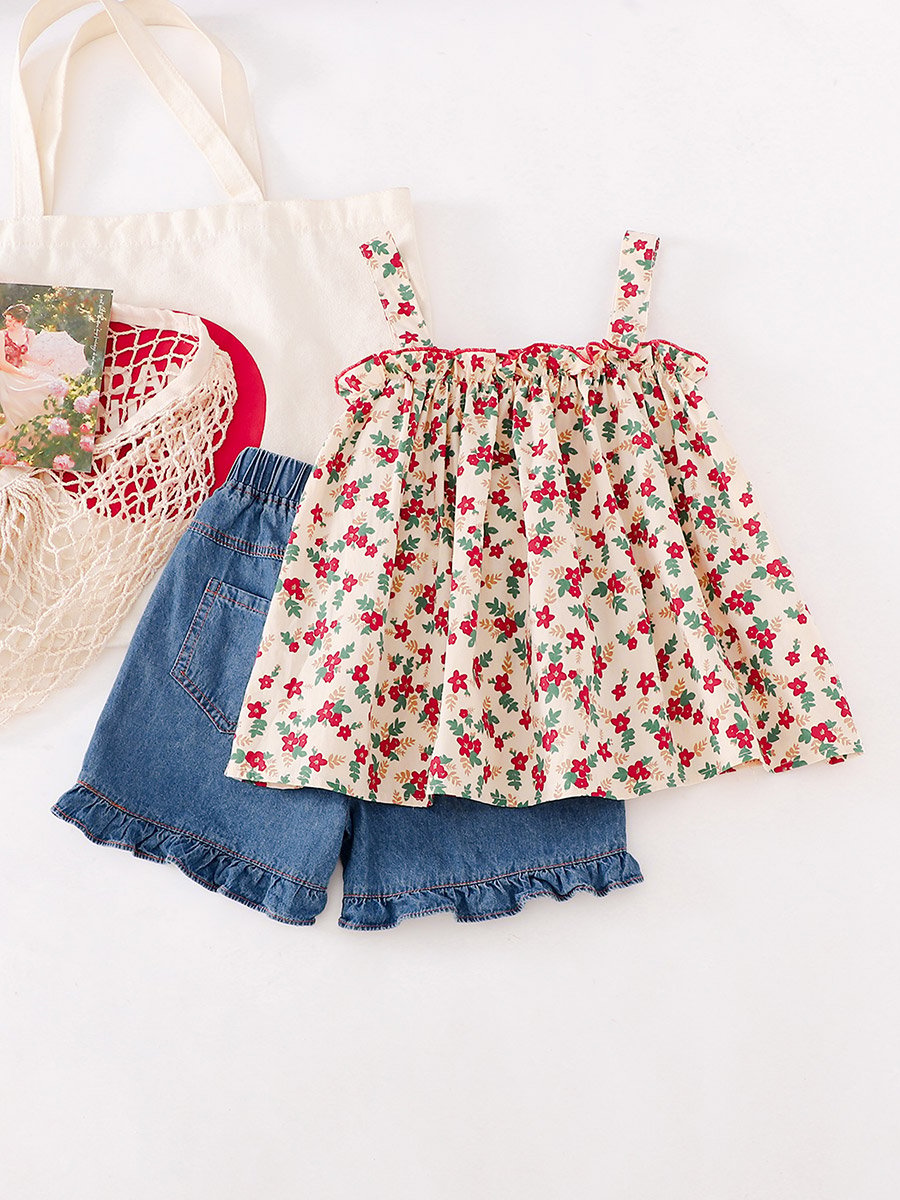 Girls Floral Top and Denim Shorts Set