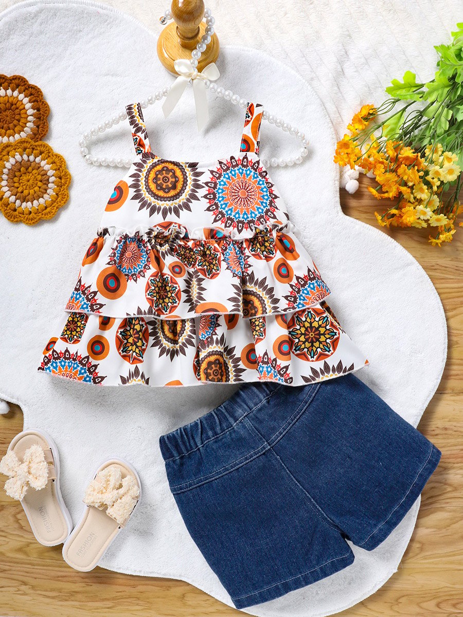 Girls Boho Print Top and Denim Shorts Set