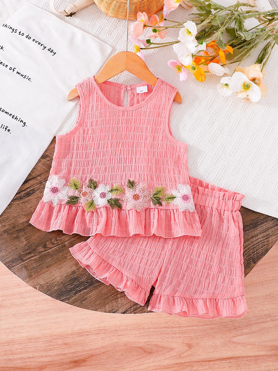 Girls Floral Embroidered Sleeveless Top and Shorts Set