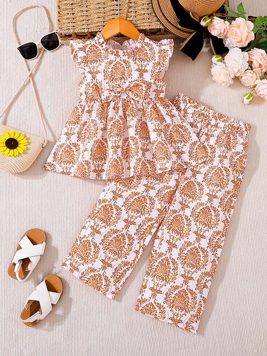 Girls Floral Print Frill Sleeve Top and Pants Set