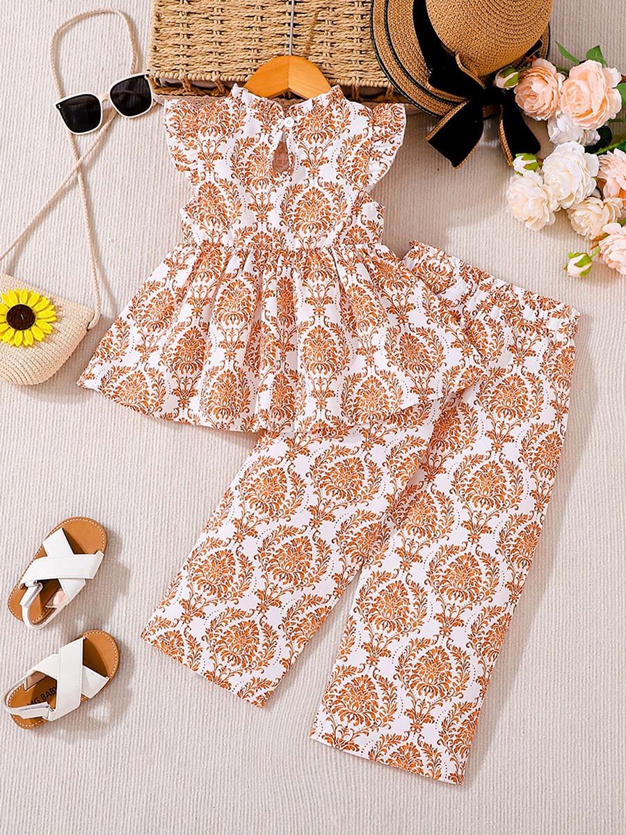 Girls Floral Print Frill Sleeve Top and Pants Set