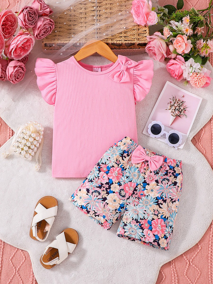 Girls Pink Frill Sleeve Top and Floral Print Shorts Set
