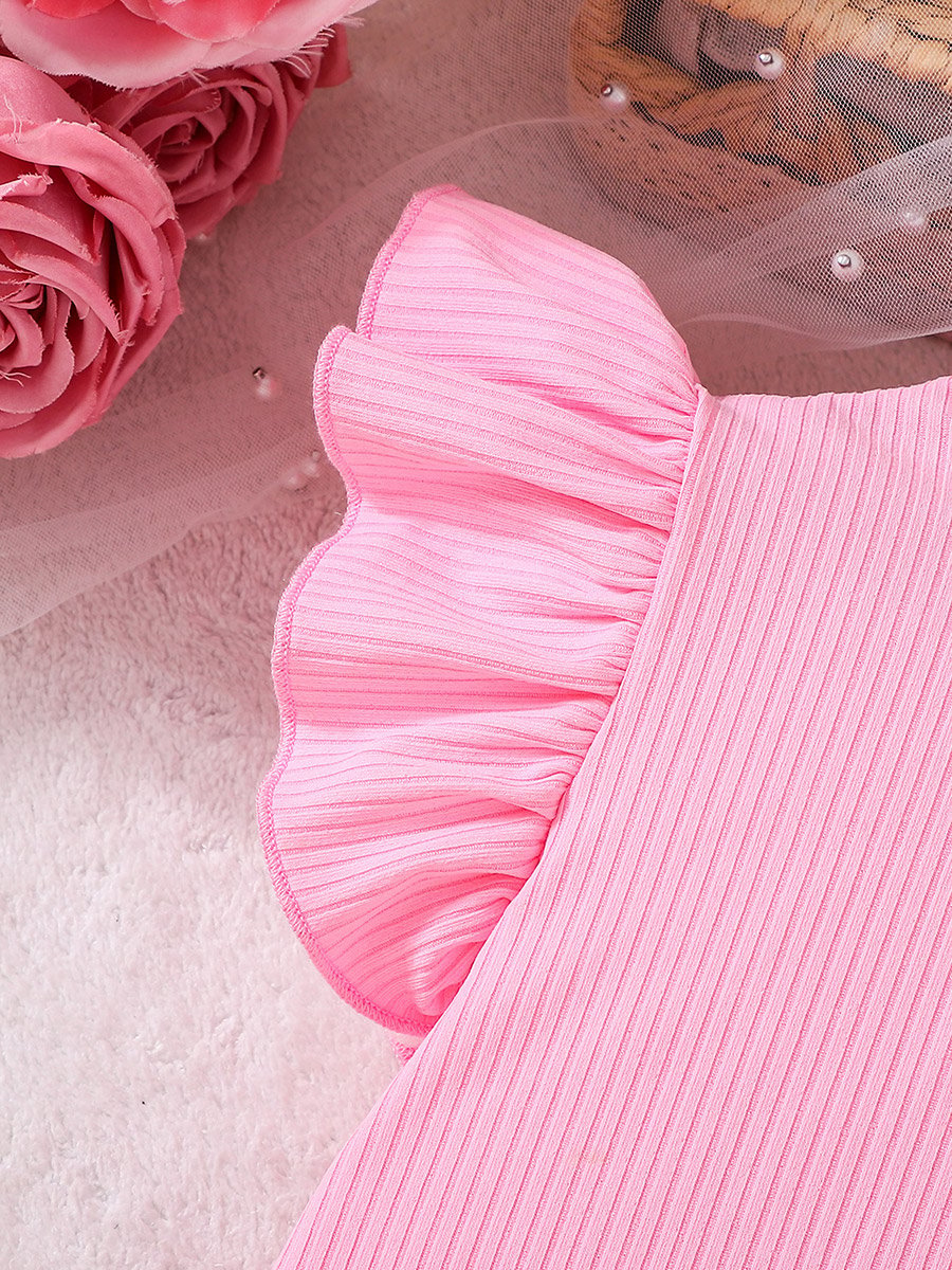 Girls Pink Frill Sleeve Top and Floral Print Shorts Set