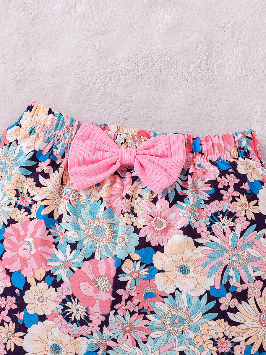 Girls Pink Frill Sleeve Top and Floral Print Shorts Set