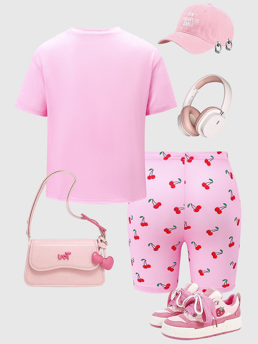 Girls Pink Cherry Print T-Shirt and Shorts Set
