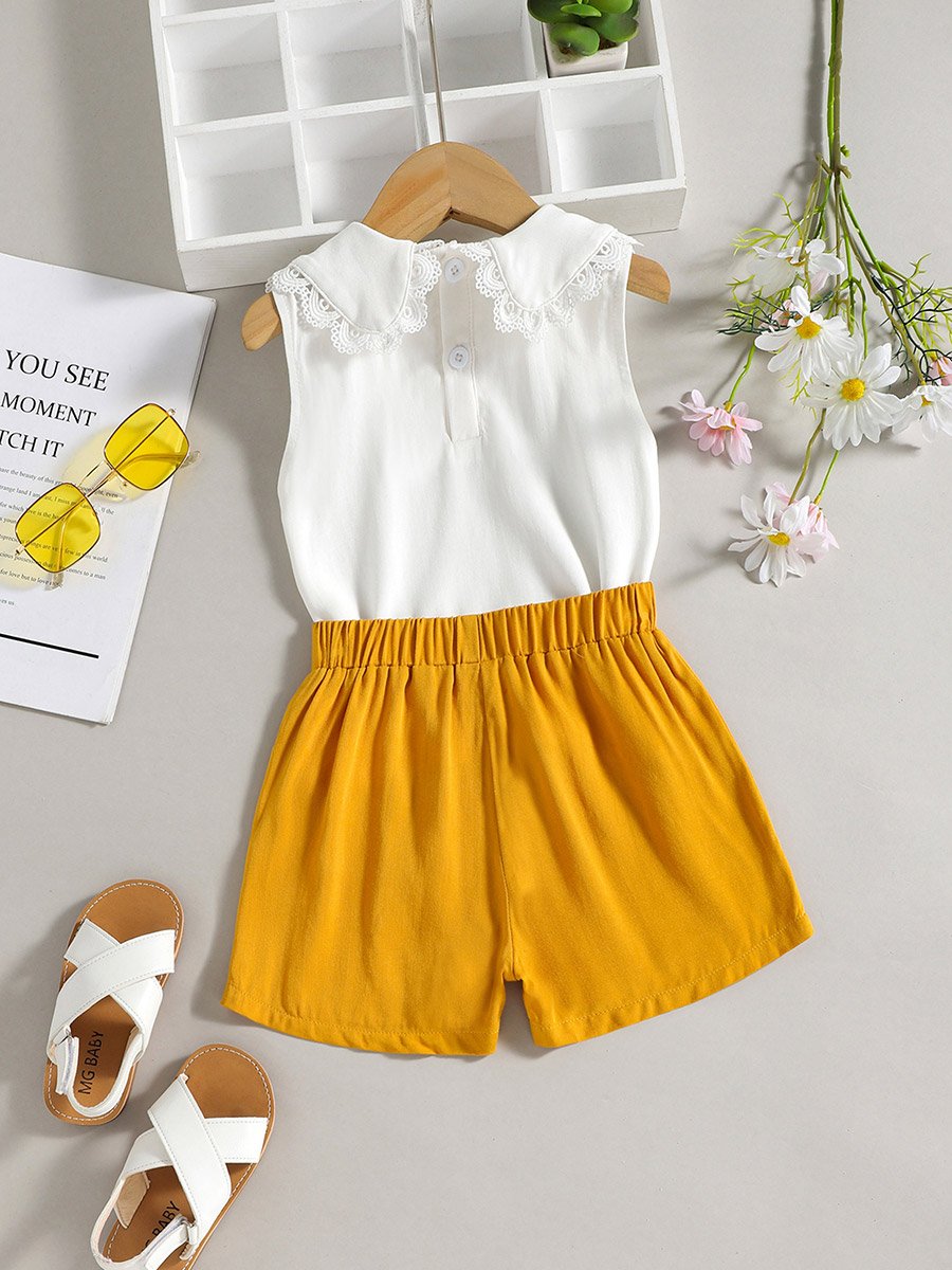 Girls Lace Neckline Sleeveless Top and Shorts Set