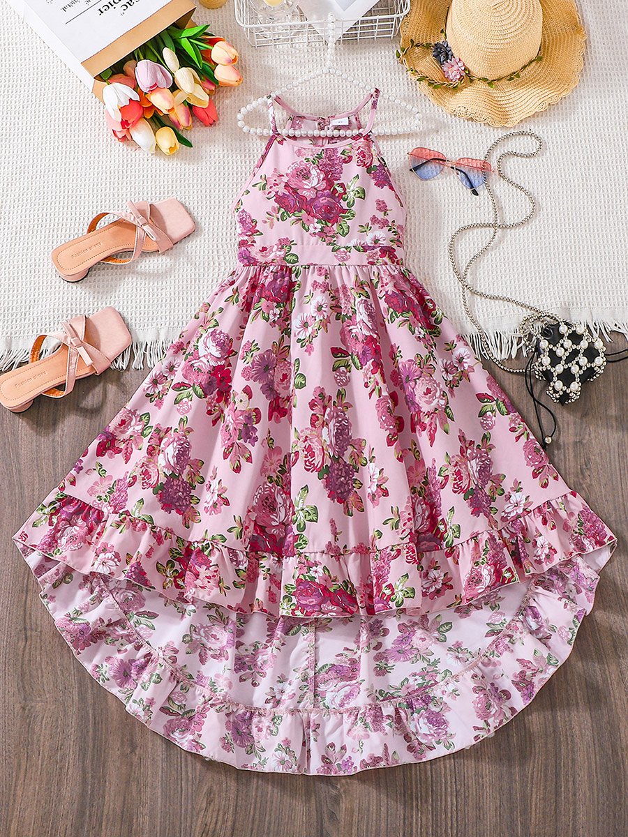 Girls Floral Print Sleeveless Ruffle Hem Dress