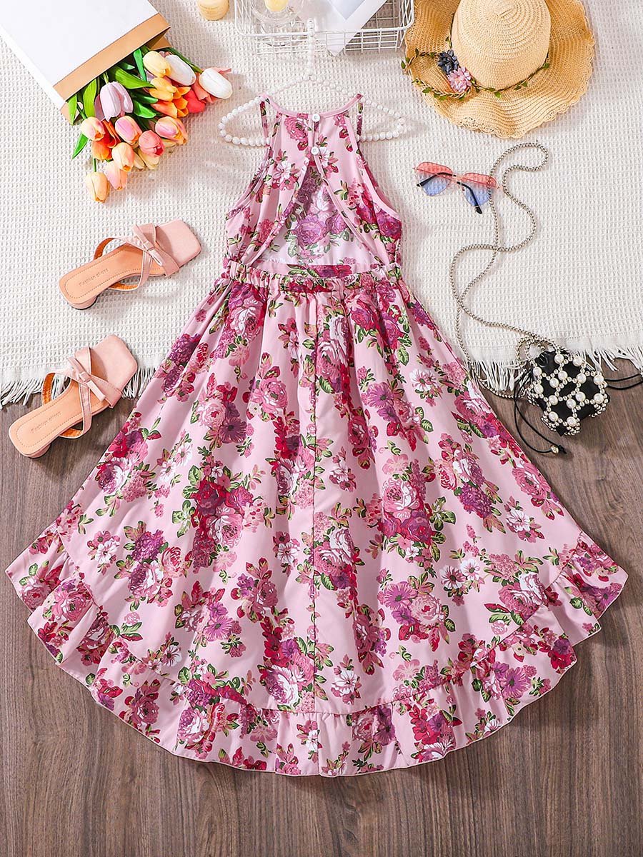 Girls Floral Print Sleeveless Ruffle Hem Dress