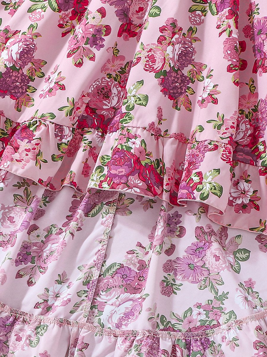 Girls Floral Print Sleeveless Ruffle Hem Dress