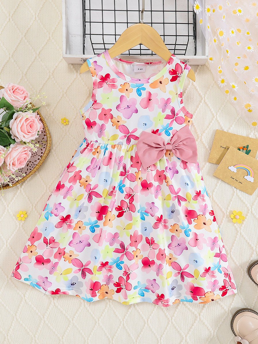 فستان ميدي بدون أكمام وطبعة أزهار للأطفال