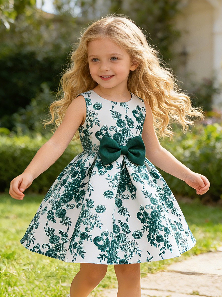 فستان بناتي أخضر بطبعة زهور بلا أكمام