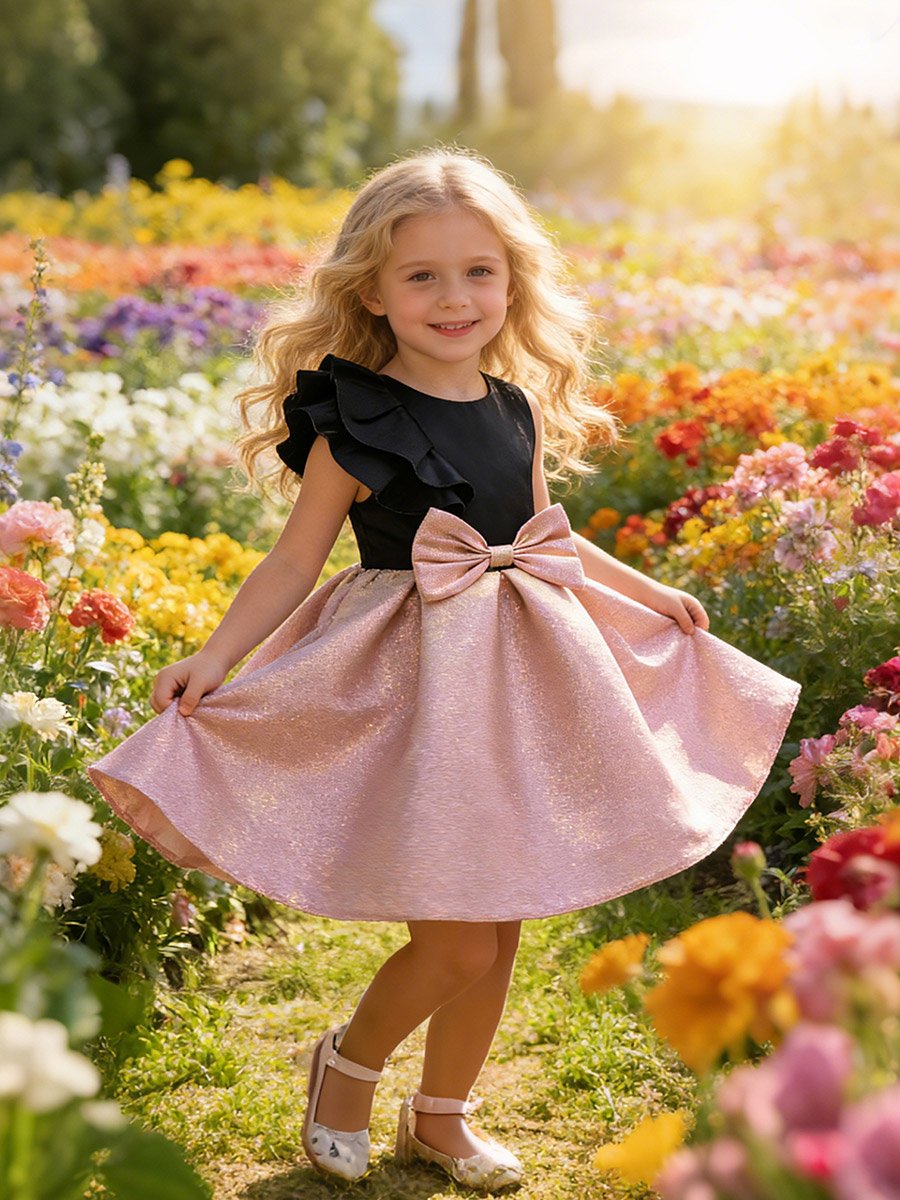 Girls Ruffled One Sleeve Dress with Bow Detail