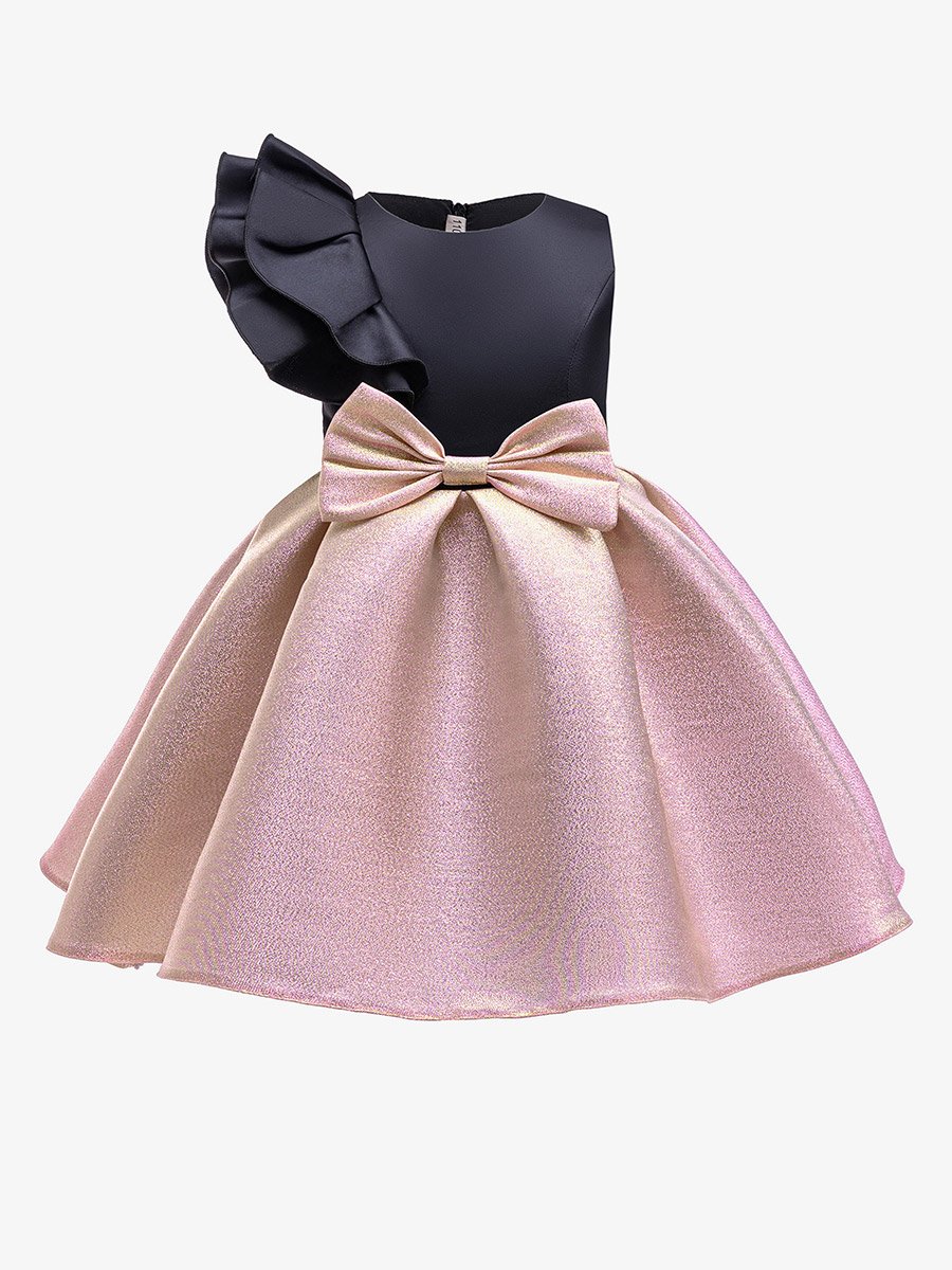 Girls Ruffled One Sleeve Dress with Bow Detail