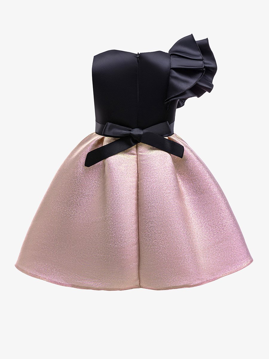 Girls Ruffled One Sleeve Dress with Bow Detail