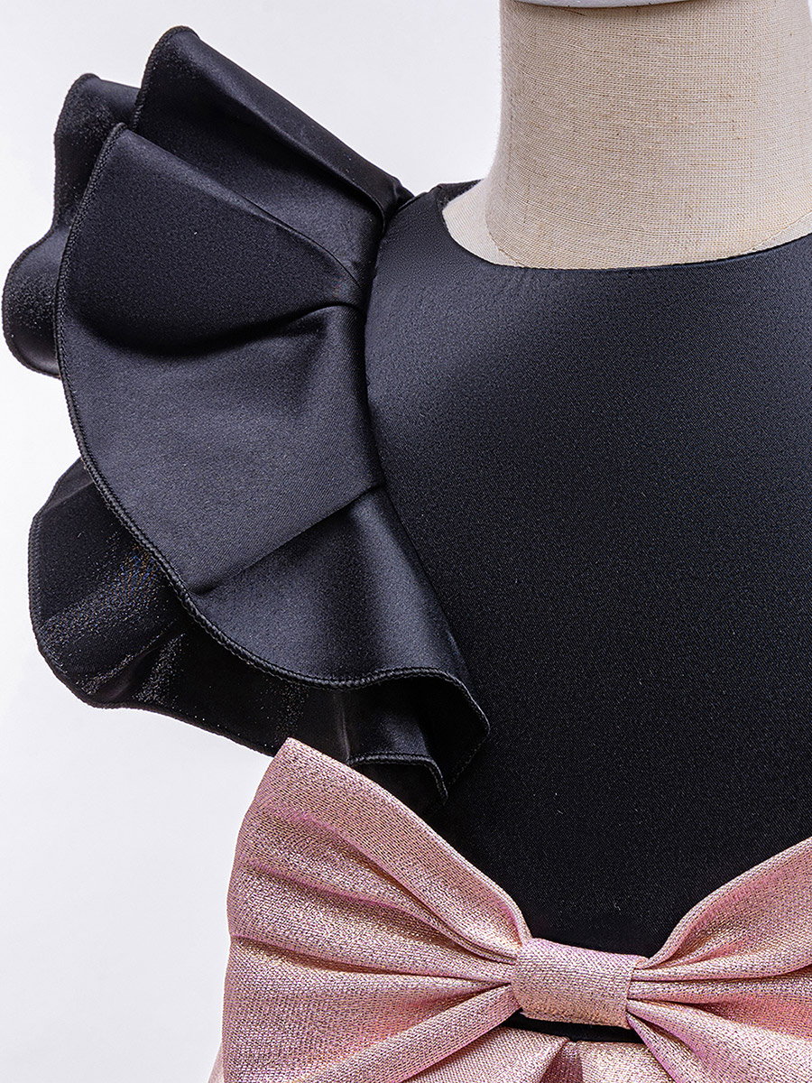 Girls Ruffled One Sleeve Dress with Bow Detail