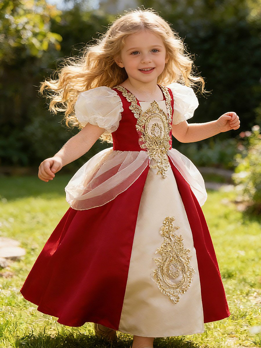 Red Puff Sleeve Embroidered Dress