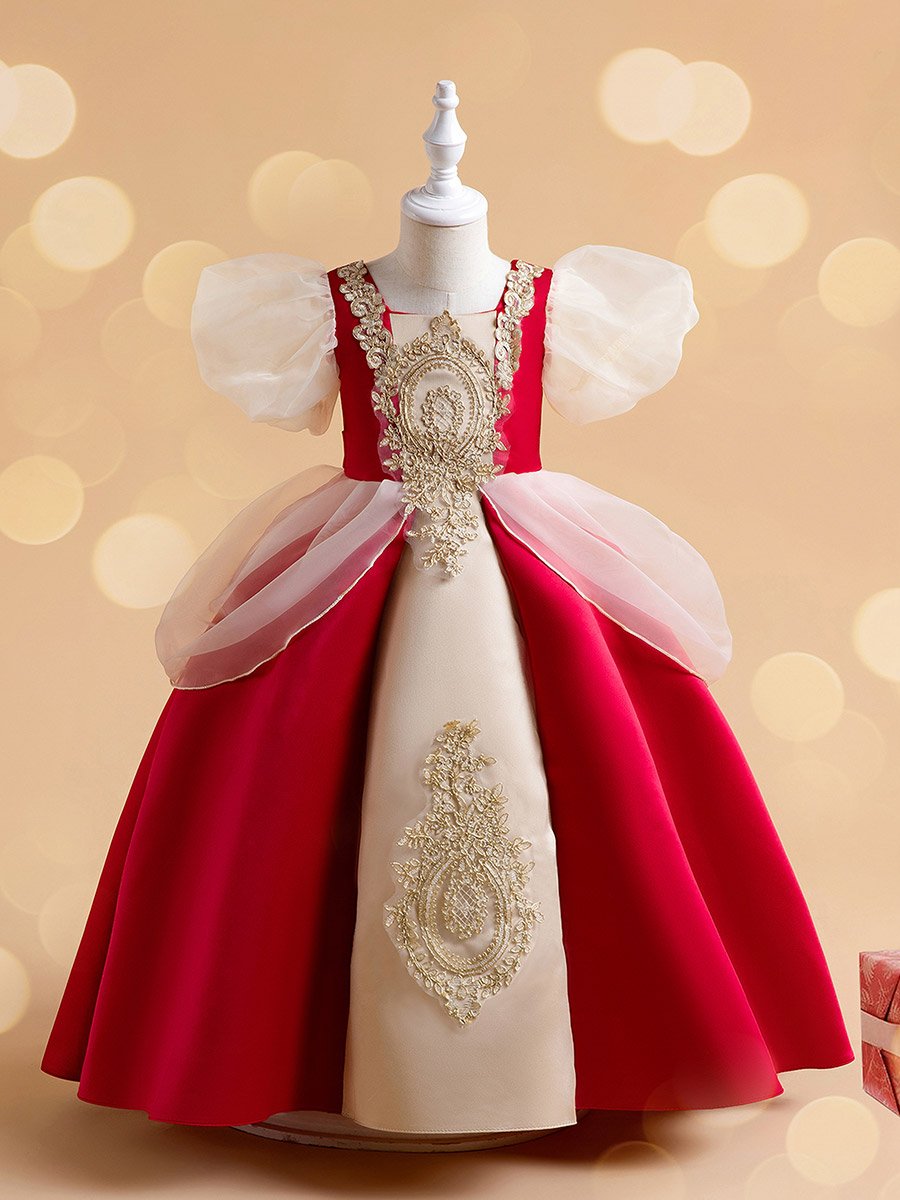 Red Puff Sleeve Embroidered Dress