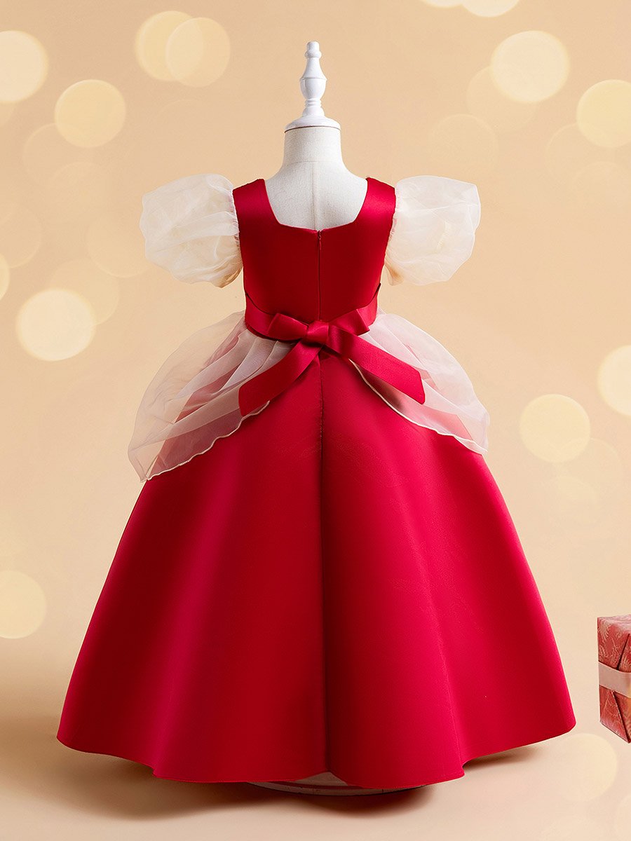 Red Puff Sleeve Embroidered Dress